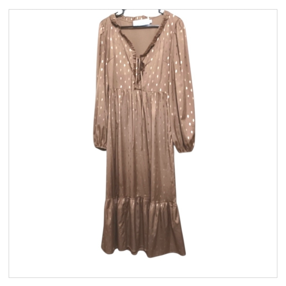 Bonheur D'Amour L Tan Gold Satin Maxi Dress